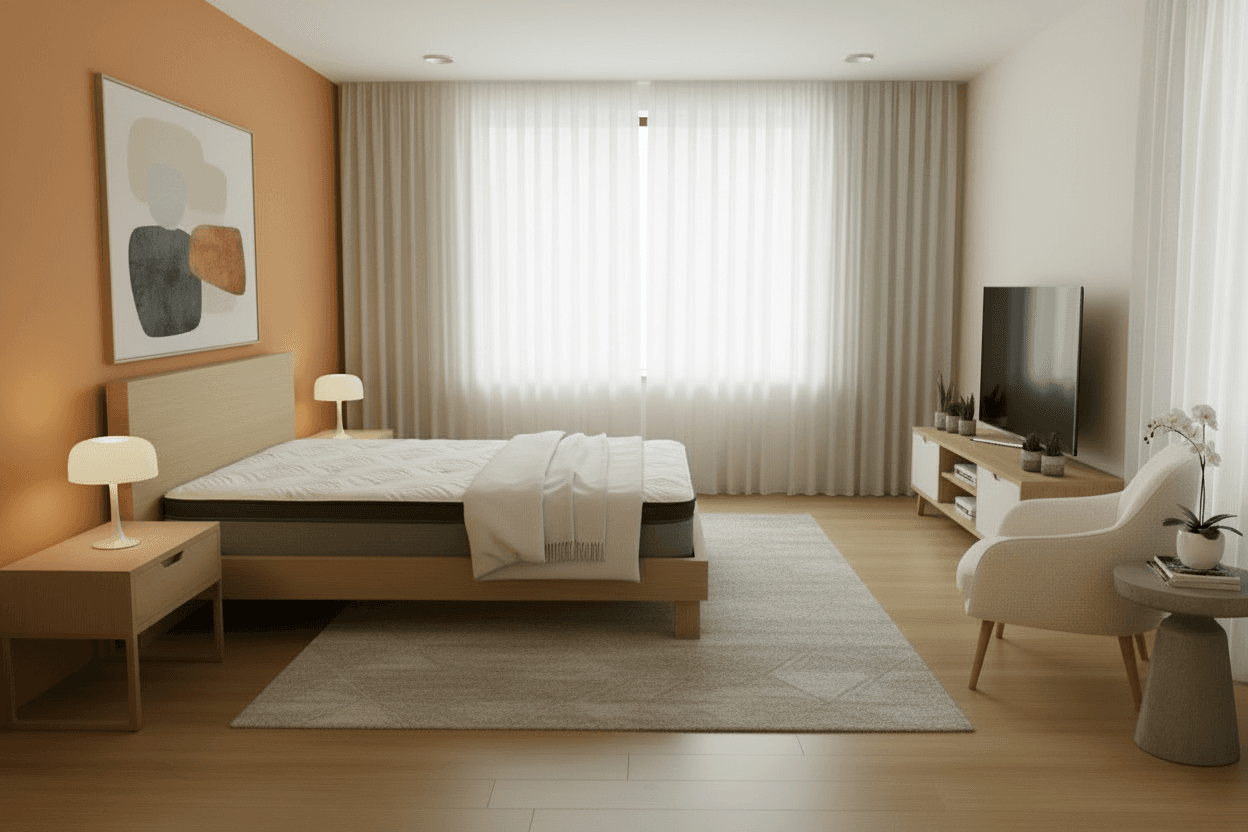 Busby mattress in a warm gold-toned bedroom